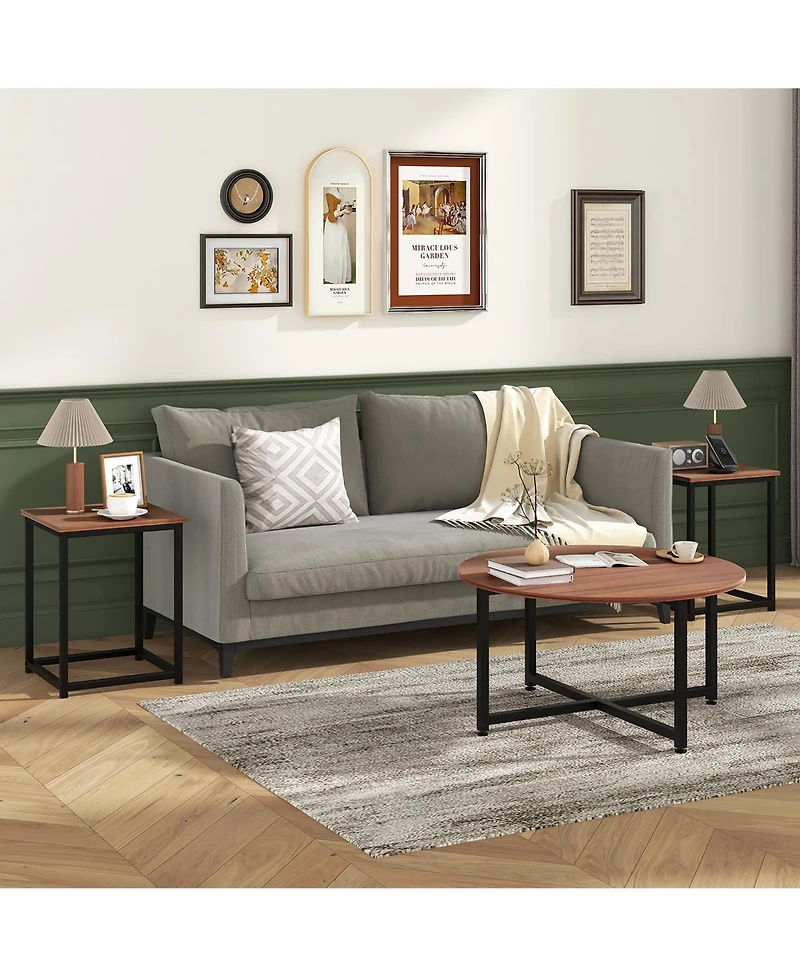 Gymax Round Nesting Table Set of 3 Modern/Farmhouse Coffee w/2 End Tables Walnut & Black