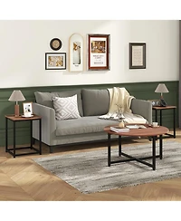 Gymax Round Nesting Table Set of 3 Modern/Farmhouse Coffee w/2 End Tables Walnut & Black
