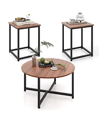 Gymax Round Nesting Table Set of 3 Modern/Farmhouse Coffee w/2 End Tables Walnut & Black