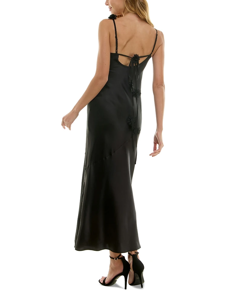 Crystal Doll Juniors' Strappy Floral Satin Maxi Dress
