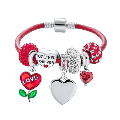 Bling Jewelry Initials Love Bff Friendship Heart Valentine Starter Beads Multi Charm Bracelet Red Leather .925 Sterling Silver European Barrel Snap Cl
