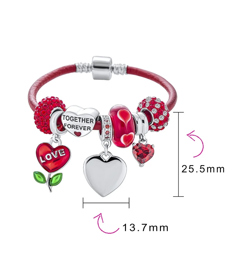 Bling Jewelry Initials Love Bff Friendship Heart Valentine Starter Beads Multi Charm Bracelet Red Leather .925 Sterling Silver European Barrel Snap Cl