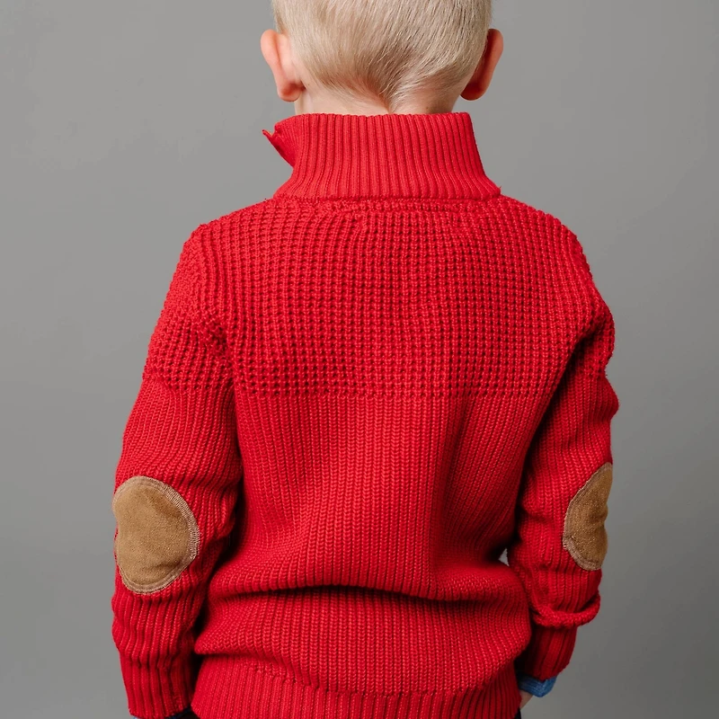 Hope & Henry Boys Organic Long Sleeve Mock Neck Mix Stitch Button Sweater with Elbow Patches