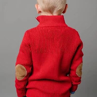 Hope & Henry Boys Organic Long Sleeve Mock Neck Mix Stitch Button Sweater with Elbow Patches