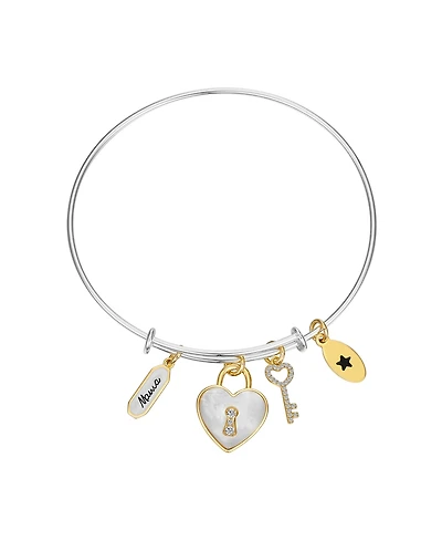 Unwritten Cubic Zirconia and Mother of Pearl Heart Lock and Key "Mama" Bangle Bracelet