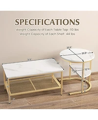 Gymax Nesting Coffee Table Set of 2 Faux Marble Top Detachable w/ Storage Shelf Gold