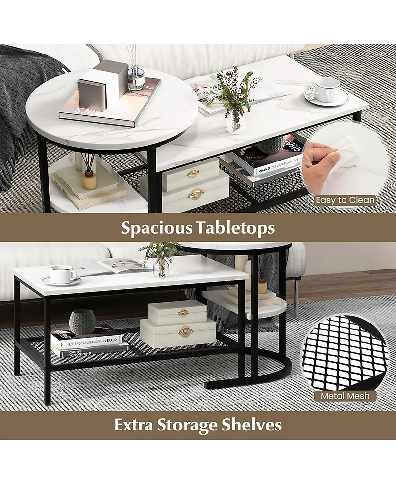 Gymax Nesting Coffee Table Set of 2 Faux Marble Top Detachable w/ Storage Shelf Gold