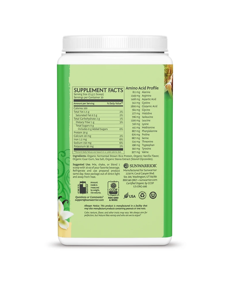 Sunwarrior Classic Organic Protein Powder, Plant-Based Protein, Vanilla Flavor, Sunwarrior, 750gm (30 Servings)