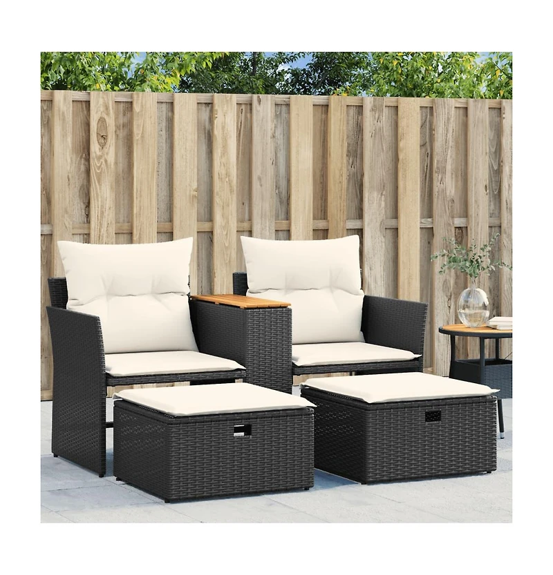 vidaXL Patio Sofa 2-Seater with Stools Black Poly Rattan