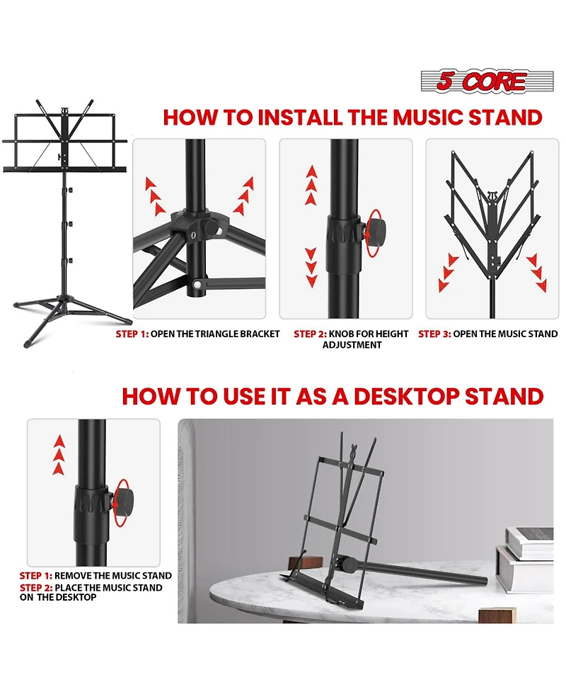 5Core Music Stand For Sheet Music Portable Tripod Adjustable Folding Note Holder