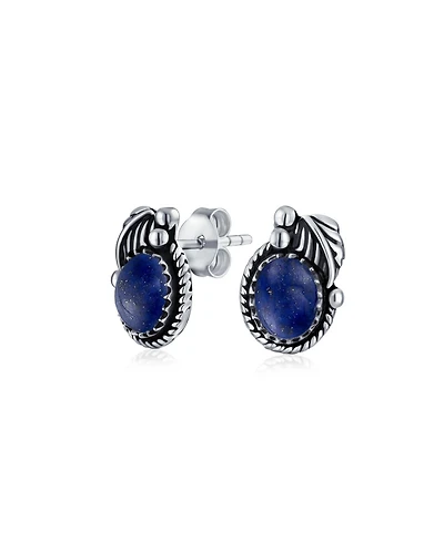 Bling Jewelry Native American Style Stabilized Oval Bezel Leaf Rope Edged Stud Earrings Western Oxidized .925 Sterling Silver