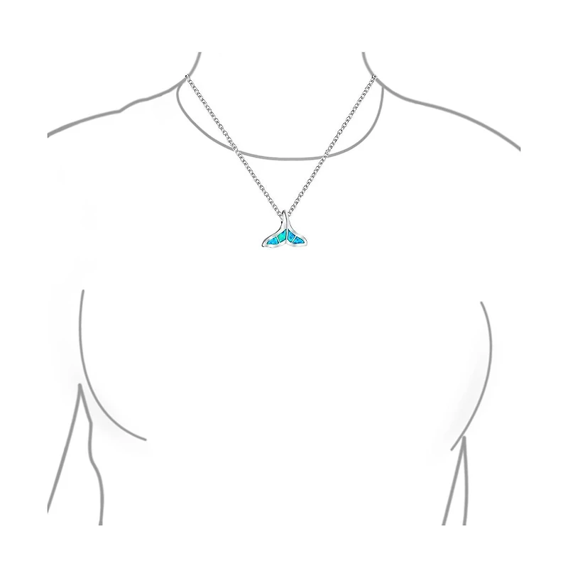 Bling Jewelry Nautical Blue Inlay Created Opal Fish Fin Whale Tail Pendant Necklace .925 Sterling Silver