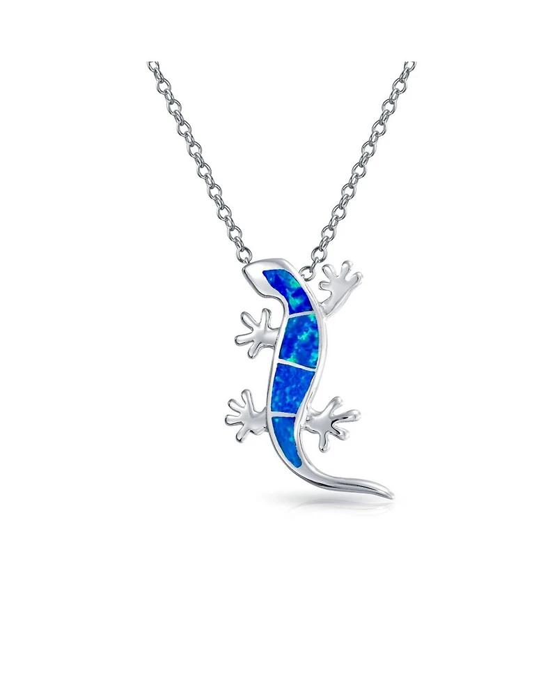 Bling Jewelry Nautical Tropical Green Opal Gecko Lizard Pendant Necklace Sterling Silver