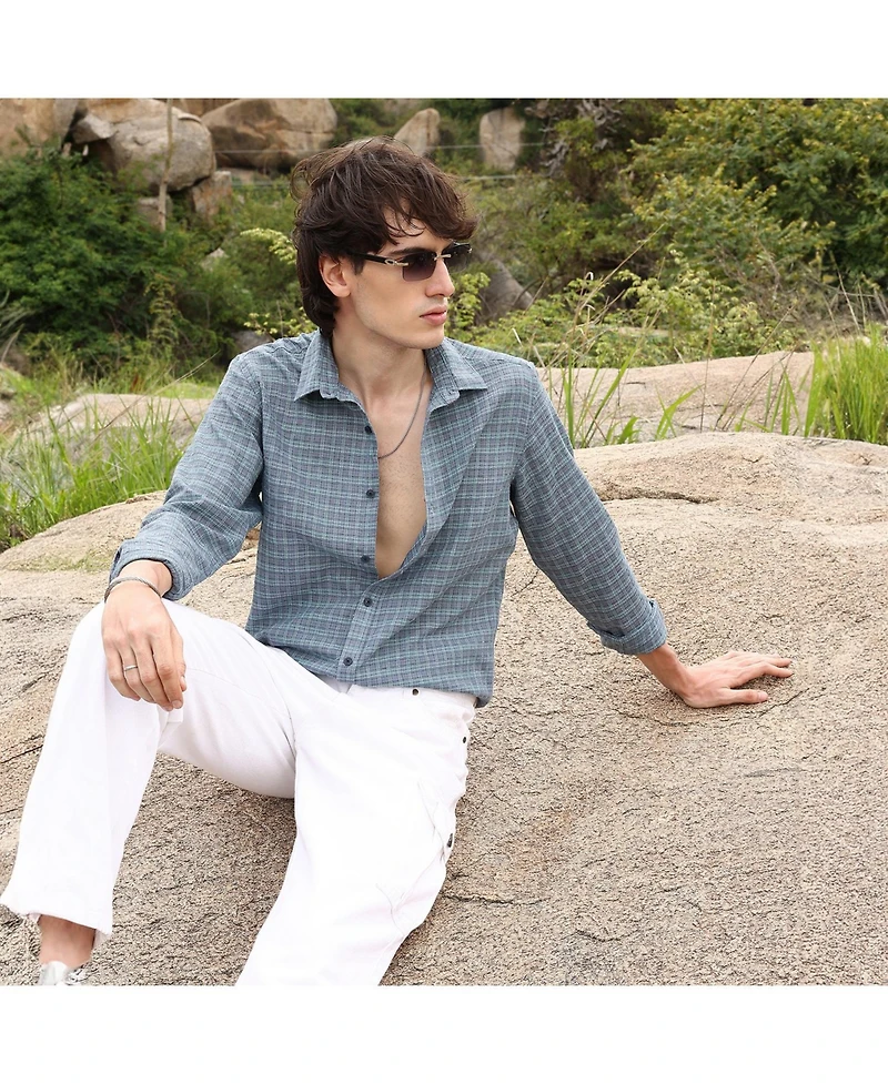 Men's Icy Blue Micro-Tartan Plaid Shirt