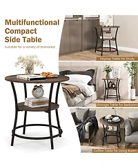 Gymax 2-Tier Side Table Compact Round Metal Frame Coffee Table w/ Open Shelf Brown