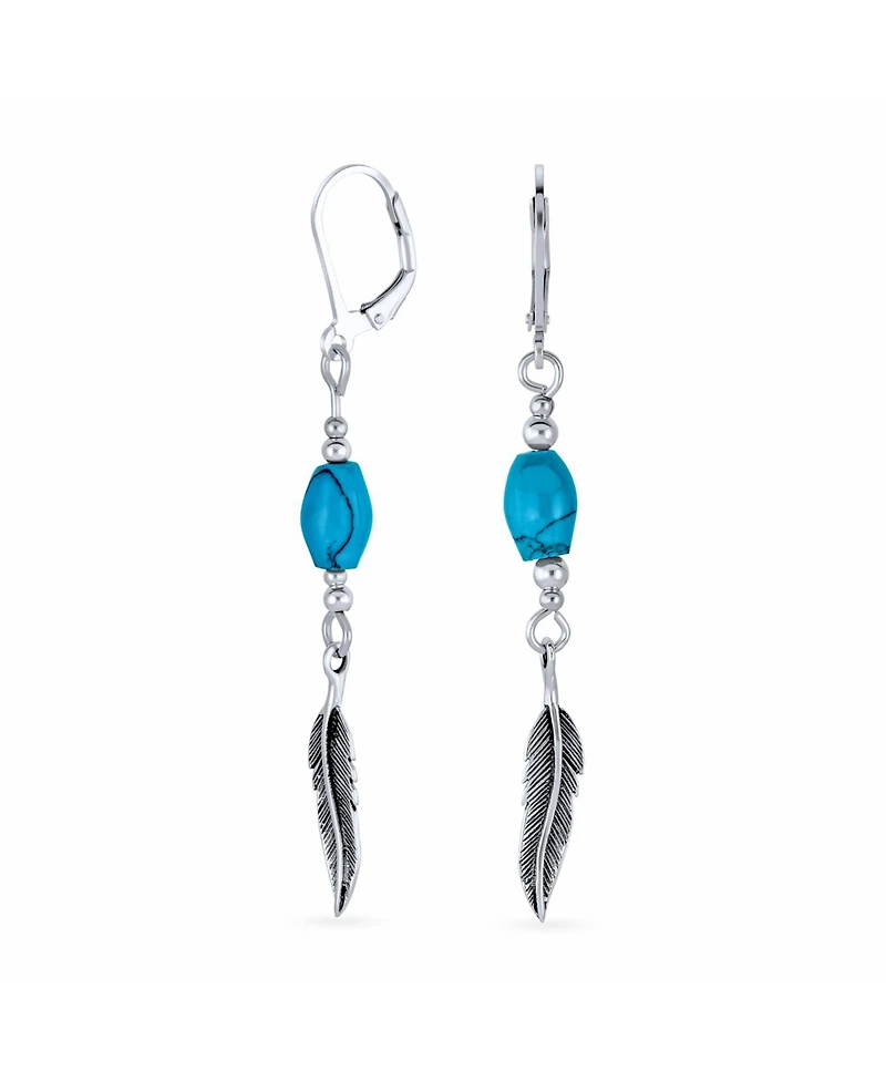Bling Jewelry Boho South West Native American Indian Style Stabilized Blue Turquoise Oval Feather Leaf Lever back Dangle Earrings Western Jewelry Oxid