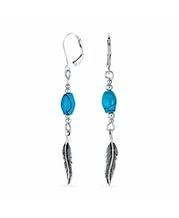 Bling Jewelry Boho South West Native American Indian Style Stabilized Blue Turquoise Oval Feather Leaf Lever back Dangle Earrings Western Jewelry Oxid