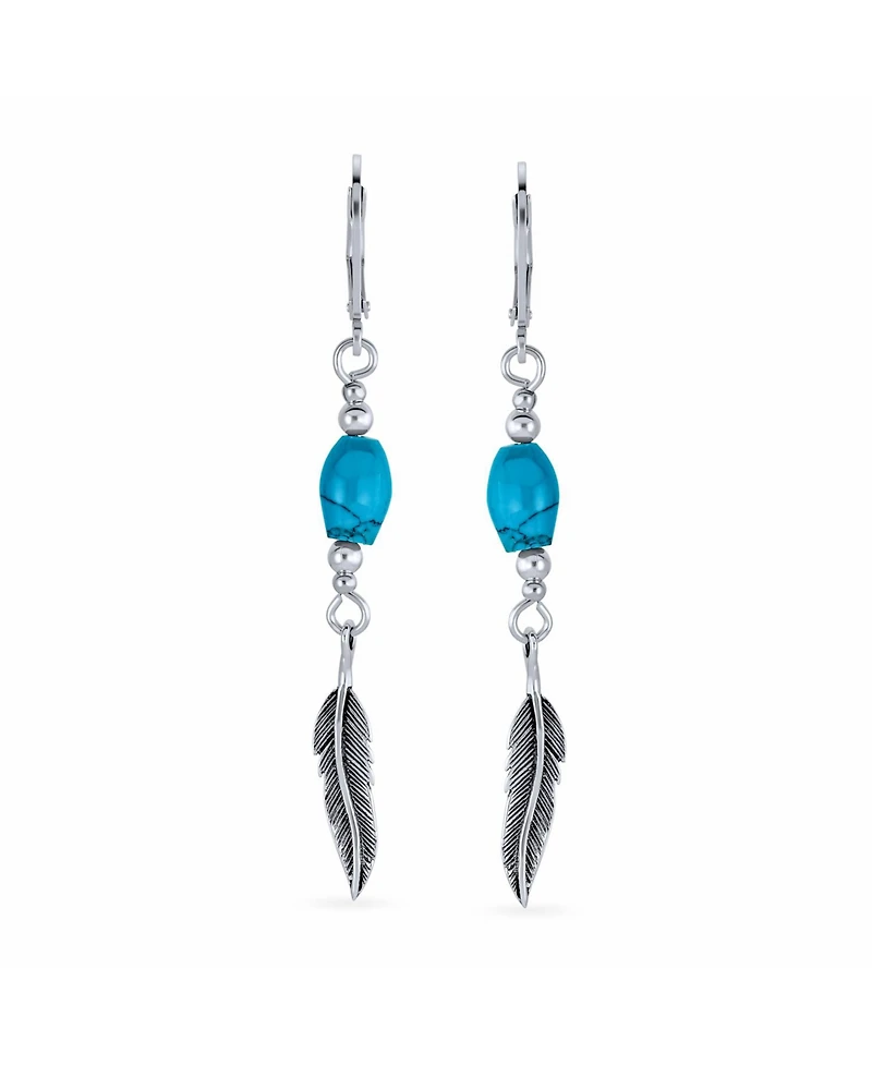 Bling Jewelry Boho South West Native American Indian Style Stabilized Blue Turquoise Oval Feather Leaf Lever back Dangle Earrings Western Jewelry Oxid