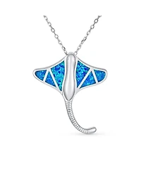 Bling Jewelry Large Nautical Ocean Blue Created Opal Inlay Stingray Pendant Necklace .925 Sterling Silver