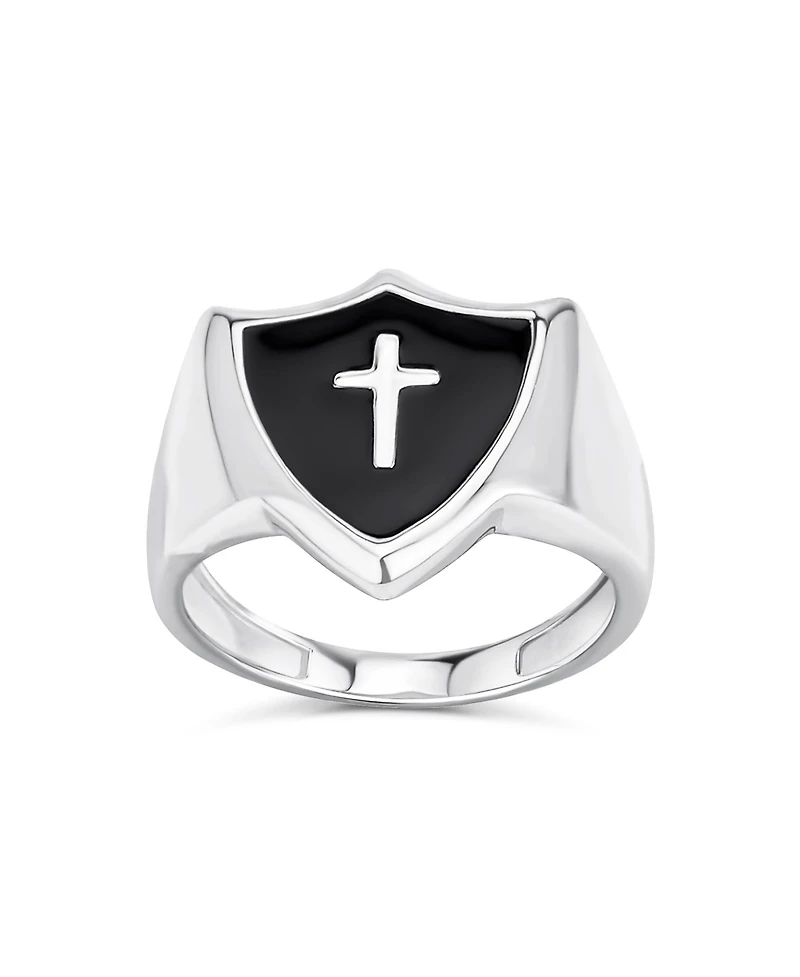 Bling Jewelry Black Natural Onyx Inlay Religious Christian Shield Cross Signet Ring Sterling Silver