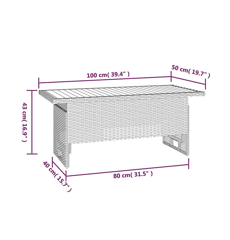 vidaXL Patio Table Black 39.4"x19.7"x16.9"/24.8" Solid Wood Acacia&Poly Rattan
