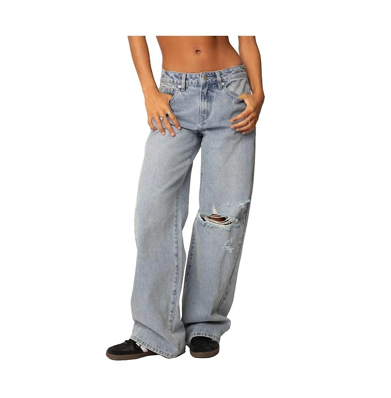 Edikted Womens Adam Distressed Wide Leg Jeans