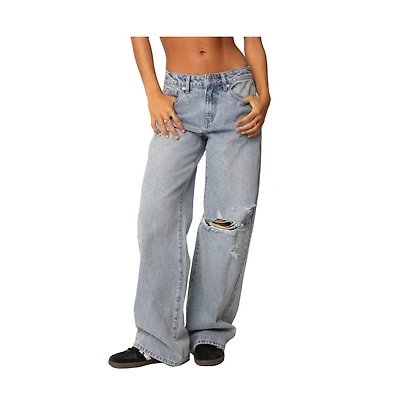 Edikted Womens Adam Distressed Wide Leg Jeans
