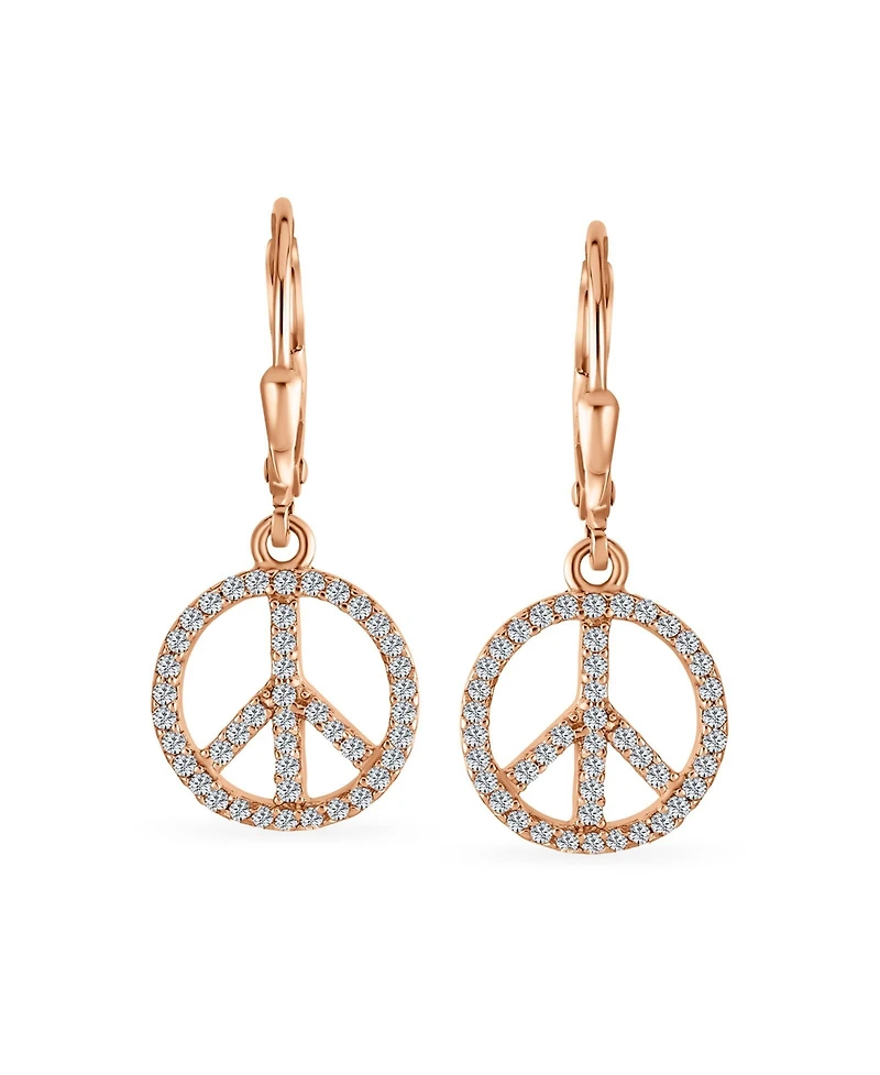 Bling Jewelry Message World Peace Sign Symbol Cubic Zirconia Pave Cz Lever back Drop Dangle Earrings Rose Gold Plated .925 Sterling Silver