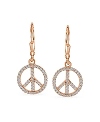 Bling Jewelry Message World Peace Sign Symbol Cubic Zirconia Pave Cz Lever back Drop Dangle Earrings Rose Gold Plated .925 Sterling Silver