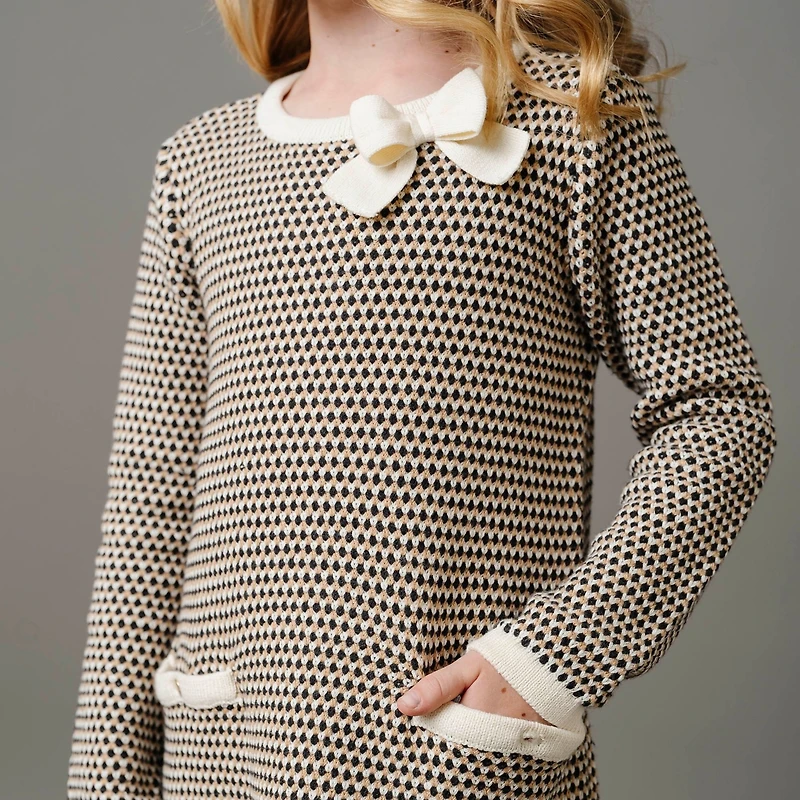 Hope & Henry Toddler Girls Organic Long Sleeve Bow Detail Tweed Sweater Dress