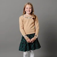 Hope & Henry Girls Organic Long Sleeve Intarsia Trim Crew Neck Sweater