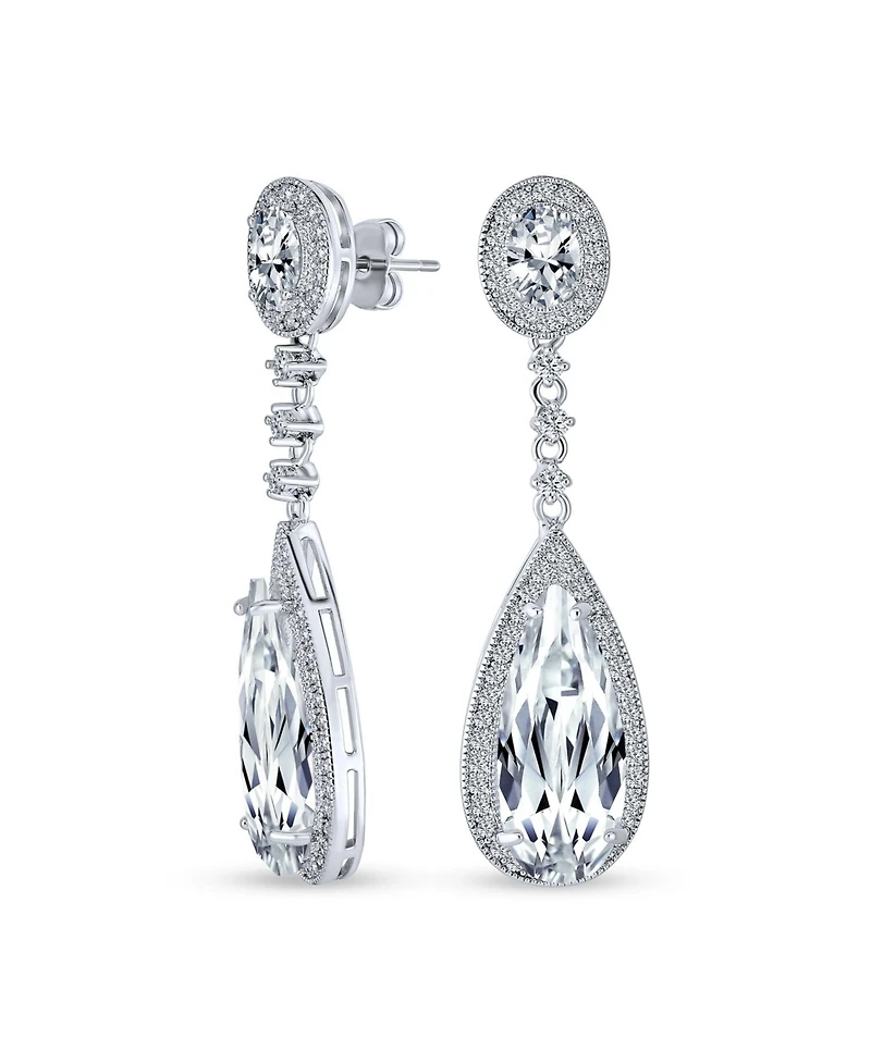 Bling Jewelry Classic Art Deco Style Halo Linear Long Cz Statement Dangle Teardrop Chandelier Earrings Silver Plated