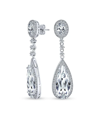 Bling Jewelry Classic Art Deco Style Halo Linear Long Cz Statement Dangle Teardrop Chandelier Earrings Silver Plated