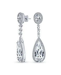 Bling Jewelry Classic Art Deco Style Halo Linear Long Cz Statement Dangle Teardrop Chandelier Earrings Silver Plated