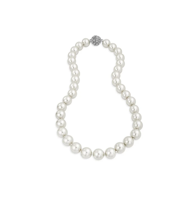 Bling Jewelry White Strand Necklace Rhodium Plated Crystal Clasp Pearl 10MM 16 Inch