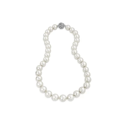 Bling Jewelry White Strand Necklace Rhodium Plated Crystal Clasp Pearl 10MM 16 Inch