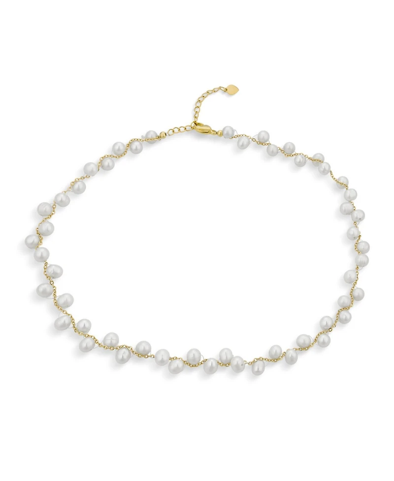 Bling Jewelry Delicate Multi Staggered Cultured White Baroque Pearl Strands Necklace Choker Intertwined Chain 18K Yellow Gold Plated 14 Inch Adjustabl