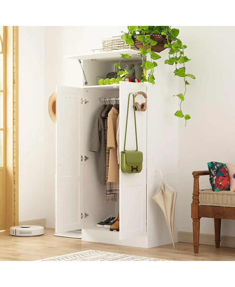 Famapy Bedroom Wardrobe Two-floor Space Armoire Closet Cabinet with Hooks