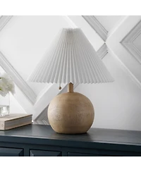 Jonathan Y Aksel 17.25" Coastal Scandinavian Resin/Iron Sphere Led Table Lamp with Pleated Shade and Pull Chain, Beige Wood Finish/White