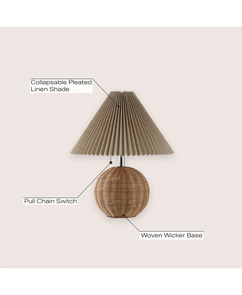 Jonathan Y Aksel 17.25" Coastal Scandinavian Resin/Iron Sphere Led Table Lamp with Pleated Shade and Pull Chain, Beige Wood Finish/White