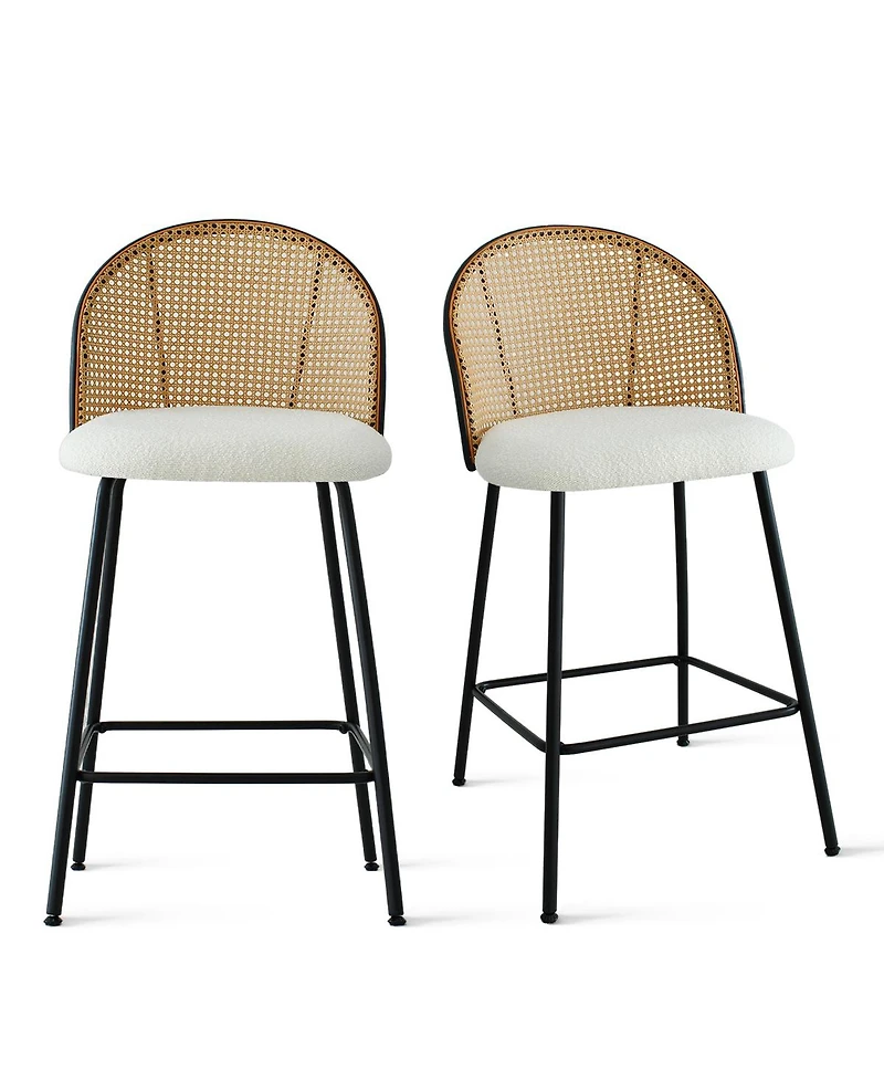 Set of 2 Armless Upholstered Boucle Counter Stools With Rattan Back-Maison Boucle