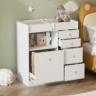 Homsee White 5-Drawers Changing Table,Kids Low Dresser with Shelf
