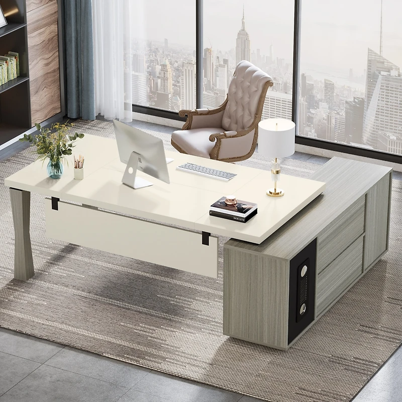 Tribesigns 71-Inch Executive Desk, L-Shaped Desk with Cabinet, Large Office Storage Shelves, Writing Table Business Furniture Set