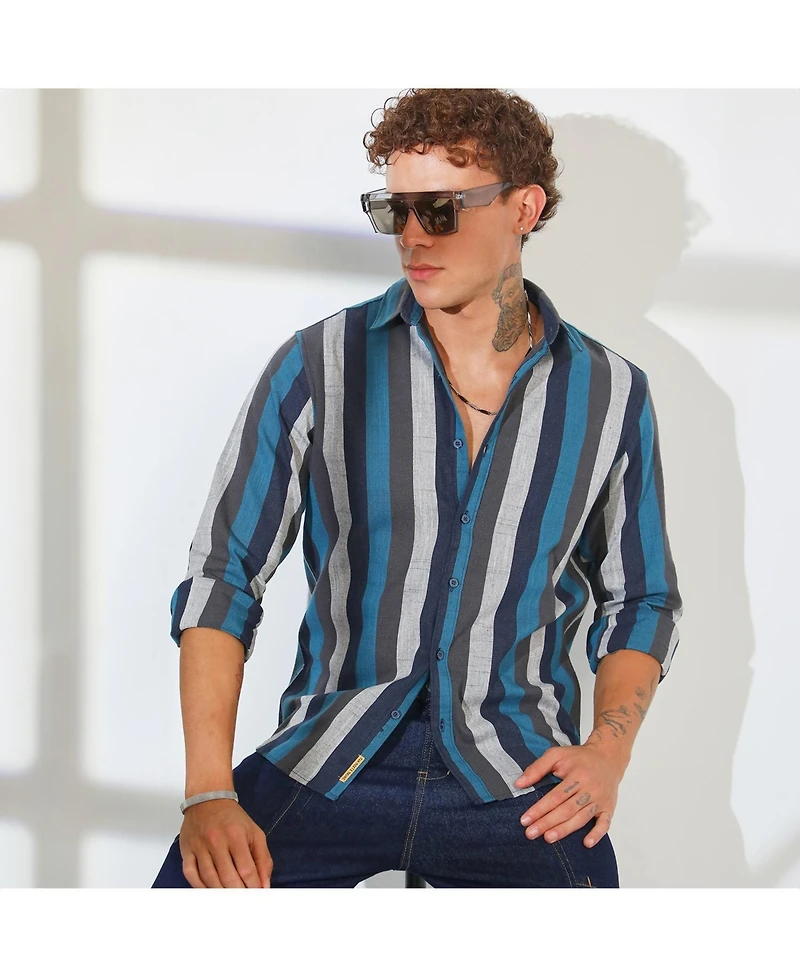 Men's Navy Blue & Ash Grey Block-Striped Shirt