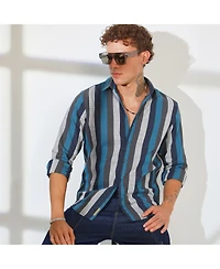 Men's Navy Blue & Ash Grey Block-Striped Shirt
