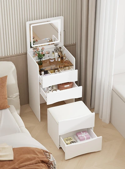 Homsee Led Light White Wood 3-Drawer Chest of Drawers with Flip-top Mirror