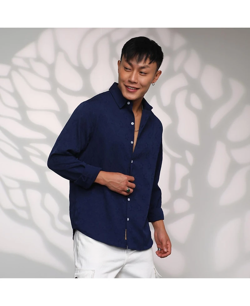 Men's Navy Blue Floral-Textured Shirt