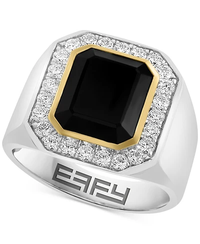 Effy Men's Onyx (6 ct. t.w.) & White Zircon (2 ct. t.w.) Ring in 14k Gold Over Sterling Silver & Sterling Silver