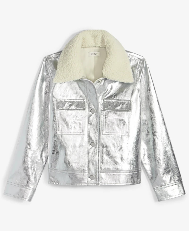 On 34th Women's Solid Metallic Faux-Leather Jacket with Removable Faux-Sherpa Collar, Exclusively at Macy's