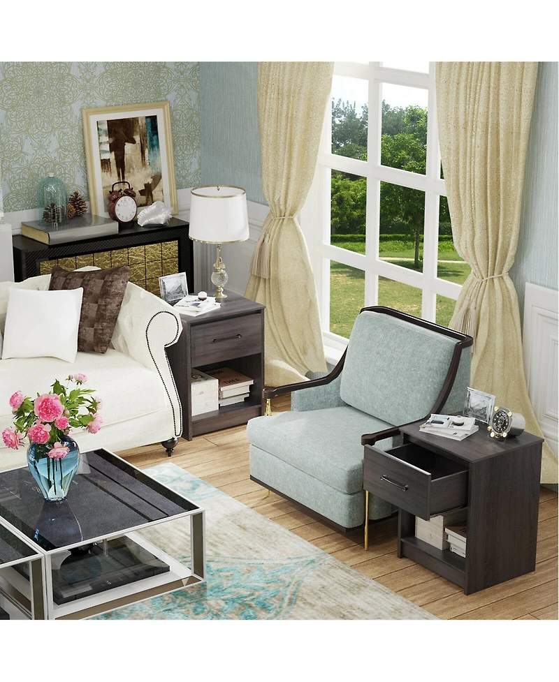 Gymax 2PCS Nightstand with Drawer Storage Shelf Wooden End Side Table Bedroom Brown